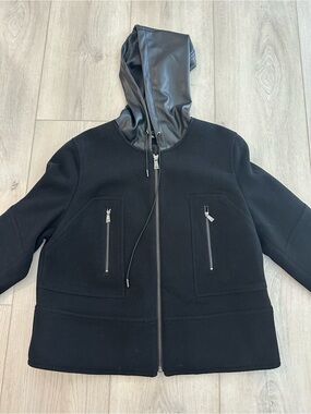 Elie Tahari Black Hooded Coat with Faux-Leather Hood